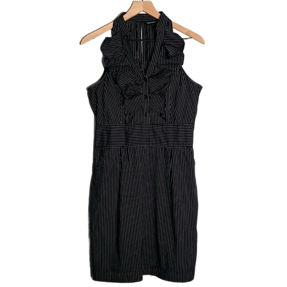 Express - Black White Pin Stripe Tuxedo Style Ruffle Halter Midi Dress Size 10 - Picture 1 of 4